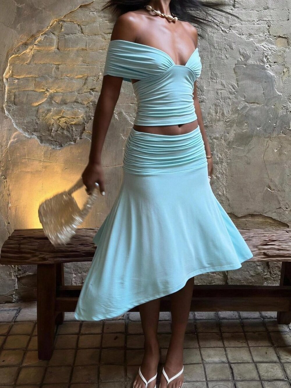 Baby Blue Casual Women's Knit Ruched T-Shirt & Loose Long Pants 2-Piece Set